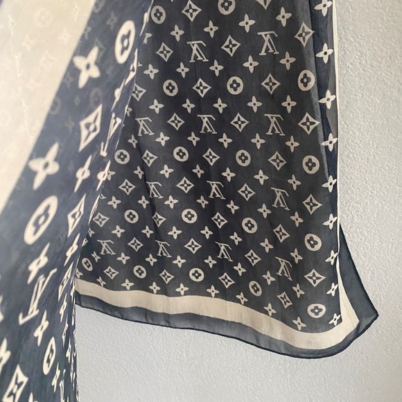 Vintage Louis Vuitton Black Cream Monogram Silk Scarf Authentic - Picture 4 of 12